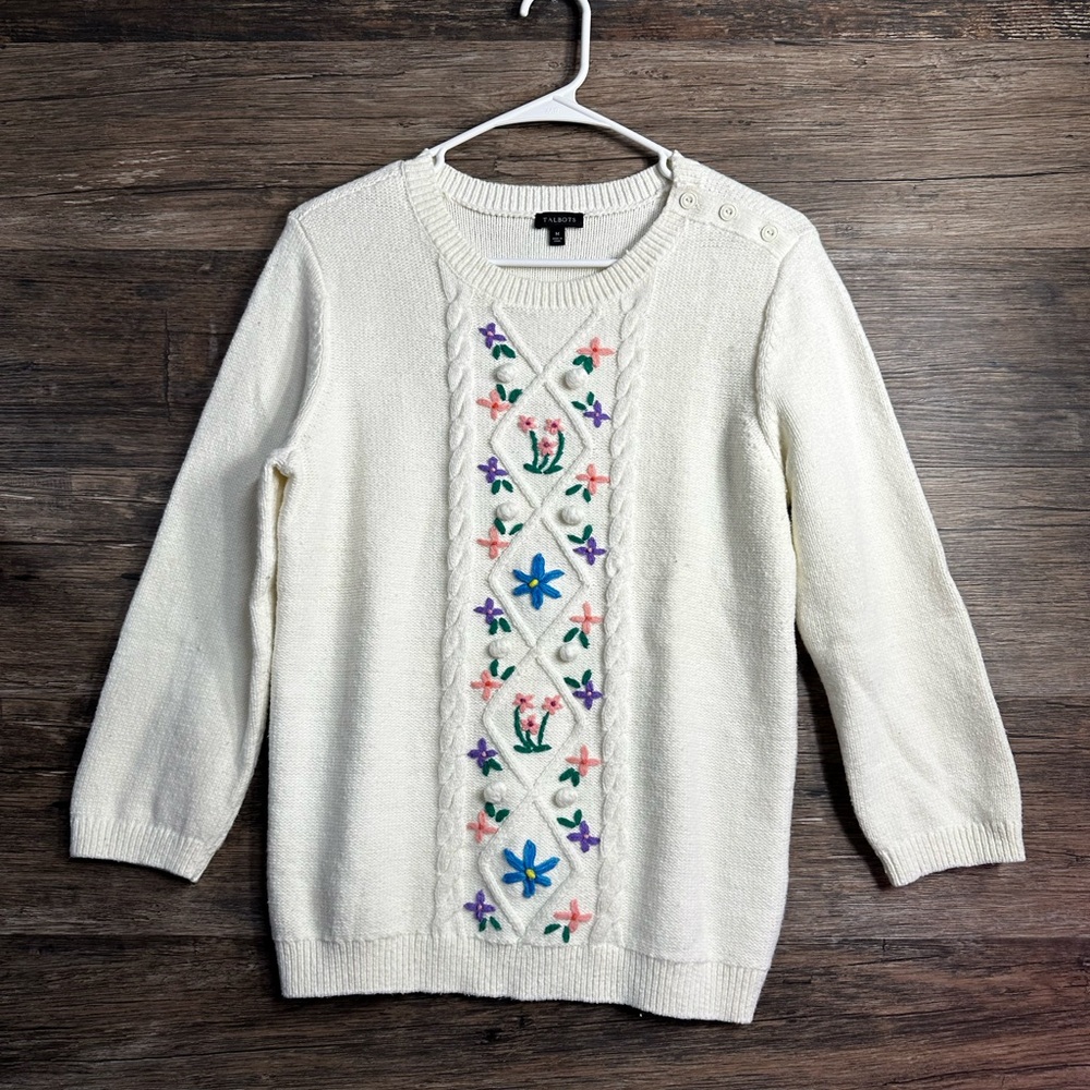 Talbots Cream Sweater with Floral Embroidery